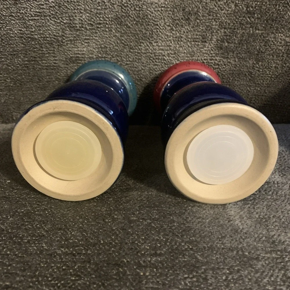 DENBY England Stoneware Red Green Blue Speckled Harlequin Salt Pepper Shaker Set - Picture 3 of 3